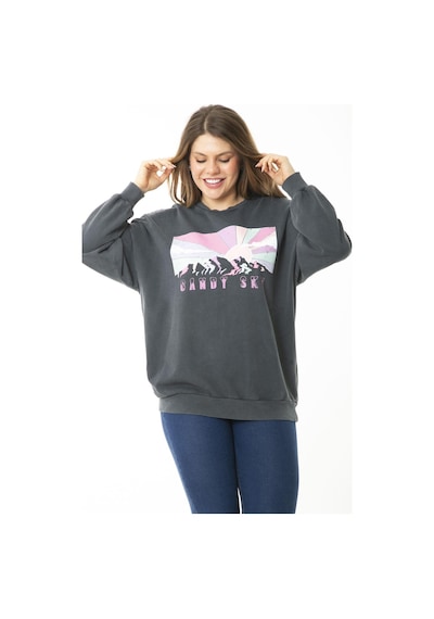 Şans Kadın Büyük Beden Füme Dijital Baskılı Sweatshirt 65n37159-füme Füme