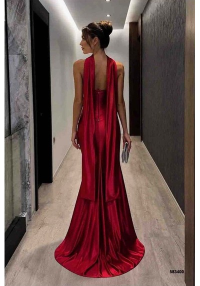 Lior Design Kadın Trend Model Kruvaze Yaka Şık Abiye Elbise Kırmızı