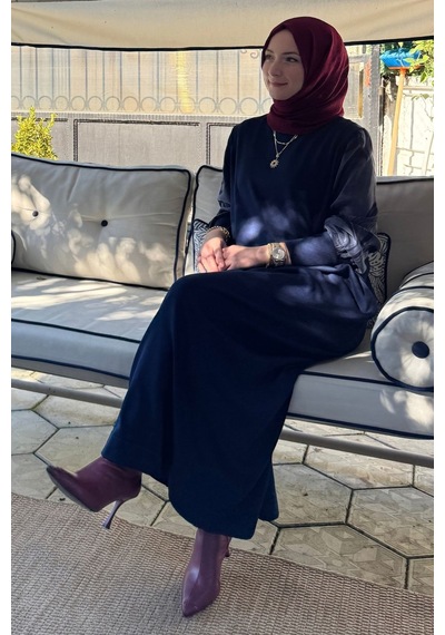 Rabia Şamlı Ebru Cupra Detaylı Triko Elbise Lacivert Normal