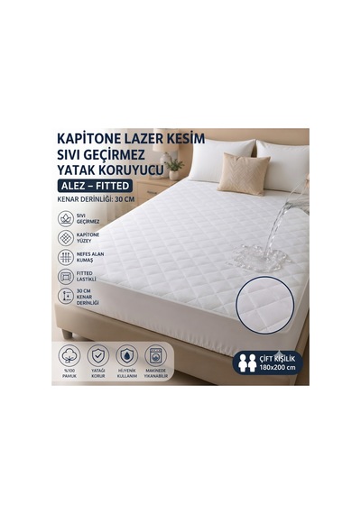 Lazer Kesim Kapitone Sıvı Geçirmez Yatak Alezi Yatak Koruyucu Battal Bot 180x200 Beyaz