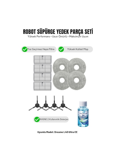 Dreame L40 Ultra Ce İle Uyumlu 4 Yan Fırça 4 Filtre 4 Mop 1 Deterjan 2.0