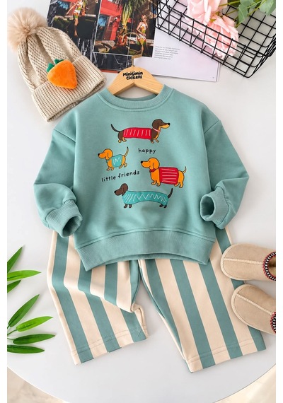 Minigimin Cicileri Sevimli Köpek Baskılı Sweatshirt Çizgili Bol Paça Kız Çocuk 2 Li Takım - Mint Diğer