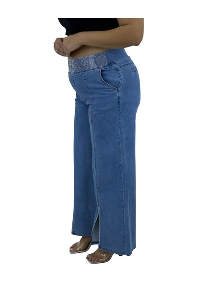Büyük Beden Denim Taşlı Bol Paça Detaylı Kadın Pantolon Mavi
