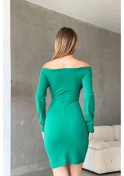 Veraura Lifestyle Kadın Kruvaze Yaka Büzgülü Mini Uzun Kollu Elbise Yeşil