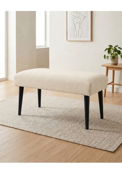 Krem Keten Kumaş Bench Puf 90x45x46 Cm Ahşap Siyah Ayaklı Demonte Modern Yatak Ucu Bench Oturma Bankı Antre Koridor Pufu