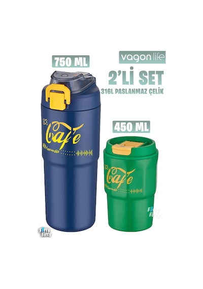 Vagonlife 2'li Çelik Termos-kahve Bardağı Seti 750ml Çift Kullanım Termos//450ml Mug Kahve Bardağı Lacivert - Yeşil