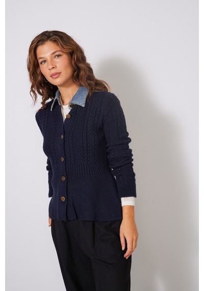 Denim Yaka Detaylı Peplum Triko Kazak Lacivert