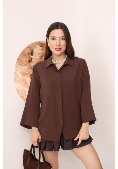 Kadın Slim Fit Dar Kesim Vücuda Oturan Uzun Kollu Kahve Gömlek Kahverengi