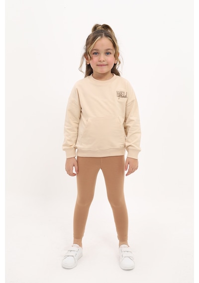 Toontoy Kids Kız Çocuk 2'li Takım Baskılı Bisiklet Yaka Düşük Omuz Sweatshirt & Basic Düz Tayt Bej Toontoy Kids Kız Çocuk 2'li Takım Baskılı Bisiklet Yaka Düşük Omuz Sweatshirt & Basic Düz Tayt Bej