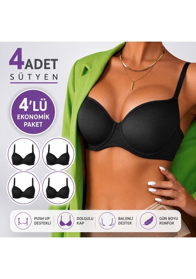 Panivue Kadın Push Up Sütyen Destekli Dolgulu Balenli Gün Boyu Konfor Ve Doğal Dolgunluk Siyah