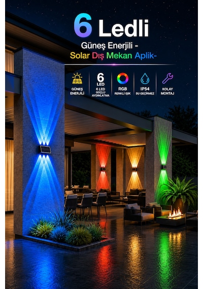 2 Adet Güneş Enerjili Rgb Solar Aplik 6 Led, Renkli Işıklı Otomatik Yanan Dış Mekan Duvar Lambası, Bahçe Balkon Teras Aydınlatması