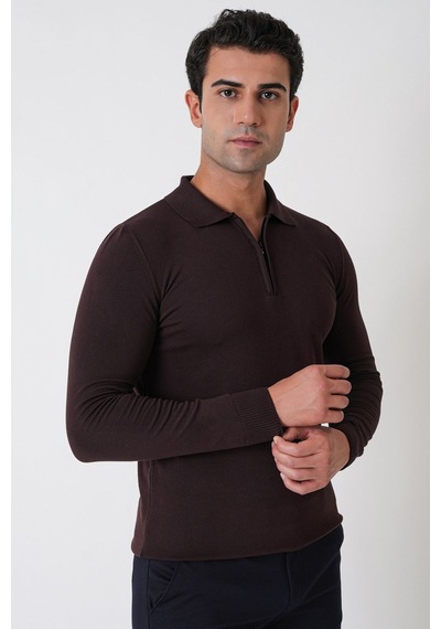 Slim Fit Esnek Pamuklu Fermuarlı Polo Yaka Kahverengi Triko Tr 902