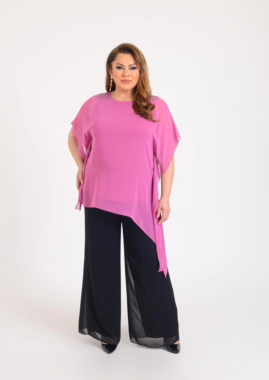 Lilas Xxl Büyük Beden Pembe Renkli Asimetrik Kesim Şifon Bluz Pembe
