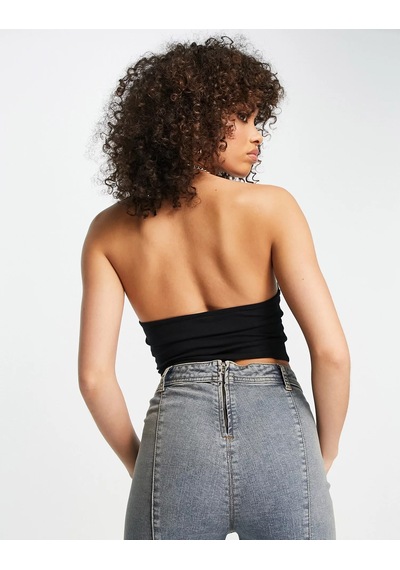 Liona Kadın Halter Yaka Siyah Crop Top Bluz 001
