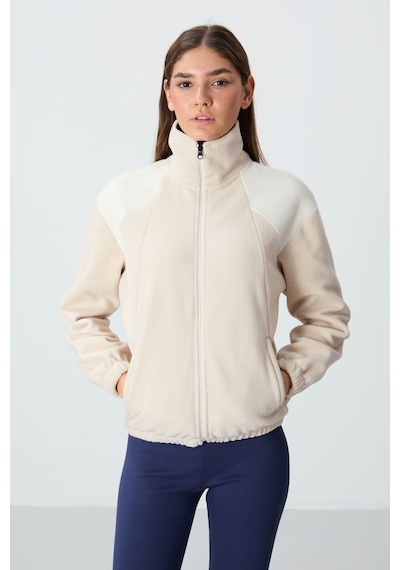 Tommy Life Bej Kalın Yumuşak Dokulu Dik Yaka Oversize Nakışlı Polar Kadın Sweatshirt - 97293 Bej