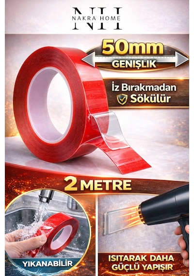 Çift Taraflı Silikon Bant İz Bırakmaz Şeffaf Bant Süper Güçlü Duvar Çerçeve Taşıyıcı 50 Mm X 2 M