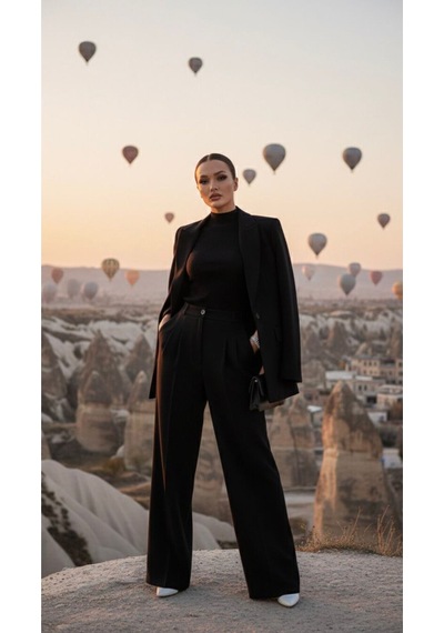 Bol Paça Yüksek Bel Kadın Plazzo Pantalon Siyah Siyah