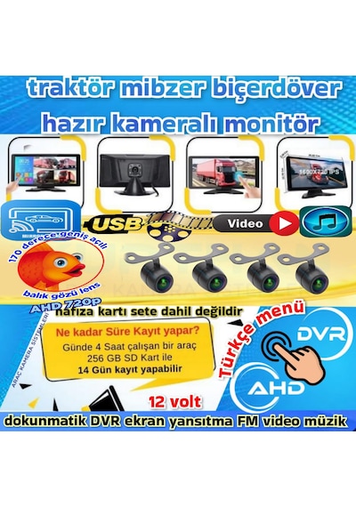 4 Adet Balık Gözü Lens Ahd 720p 170'' Kamera 10.36'' Dokunmatik Ekran Video Müzik Dvr 256 Gb 12 V