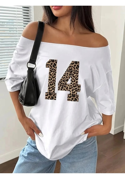 Tarzsokak Kadın Kayık Yaka 14 Baskılı Oversize %100 Pamuk Beyaz