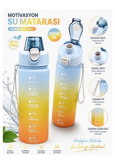 Motivasyon Su Matarası 1100 Ml Zaman Çizelgeli Sızdırmaz Kilitli Taşıma İpli Spor Matara Mavi