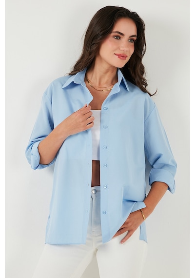 Lela Pamuklu Regular Fit Iliklenebilen Yırtmaç Detaylı Bayan Gömlek 6772920 Bebe Mavi