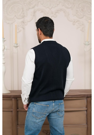 Woolen World Regular Fit Ön Cepli Kolsuz Bitik Desenli Triko Yelek Lacivert