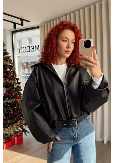 Meecy Yeni Sezon Suni Oversize Bomber Deri Ceket Siyah Siyah