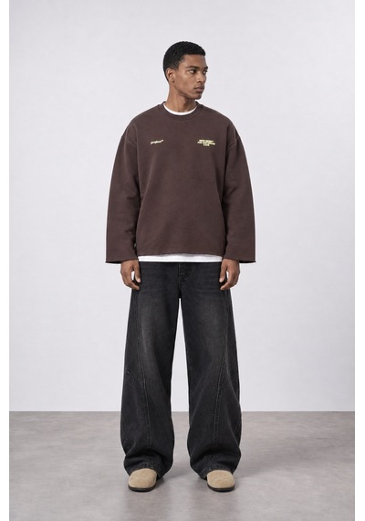 Respire Erkek Cake Baskılı Pis Dikiş Detaylı Oversize Sweatshirt Kahve
