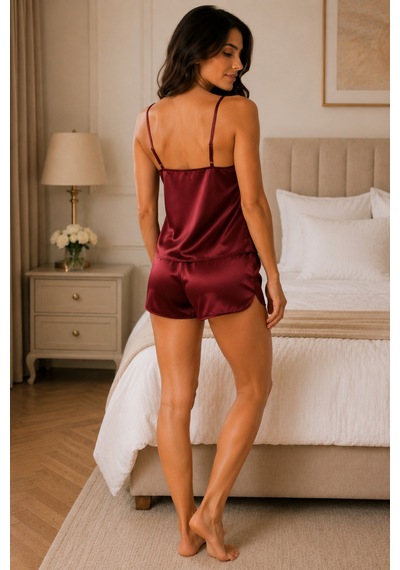 Loule Kadın Bordo V Yaka İp Askılı Dantel Şortlu Saten Pijama