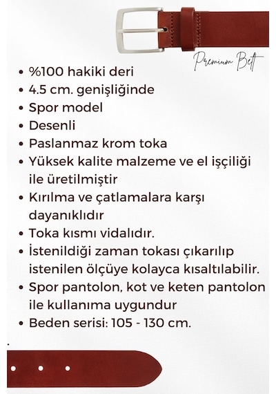 Süzer Deri 4.5 Cm. Spor Hakiki Deri Ortası Desenli Model Erkek Kemer Siyah Siyah