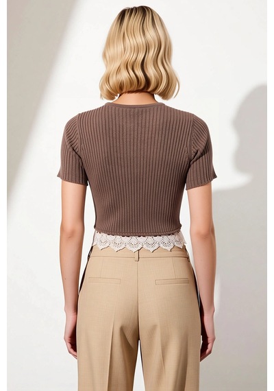 Benerly Kadın Bluz Regular Fit Bisiklet Yaka Kısa Kol Fitilli Triko Crop Vizon
