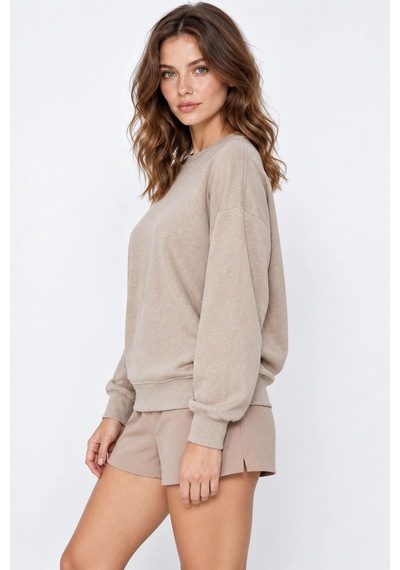 Mevese Yaldız Baskılı Zincirli Ve Fularlı Kadın Oversize Modal Sweatshirt - Bej