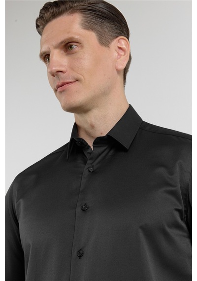 İmza Siyah Sert Yaka Uzun Kol Cepsiz Slim Fit Pamuklu Gömlek 1004255228