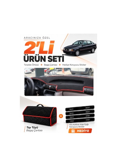 Opel Astra F Aırbagsız 1991-1997 Uyumlu Torpido Örtüsü + Tay Tüyü Çanta Seti - Siyah Kırmızı