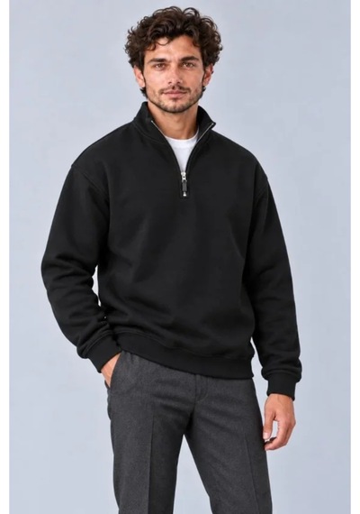 Butik İstanbul Erkek Üç İplik İçi Şardonlu Dik Yaka Yarım Fermuarlı Kışlık Sweatshirt - Siyah