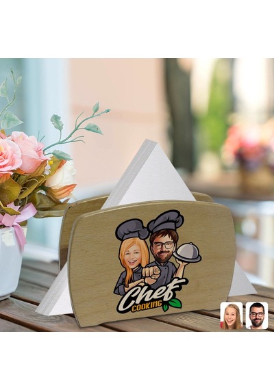 Kişiye Özel Kadın Ve Erkek Chef Karikatürlü Lüks Ahşap Peçetelik- (511119591)