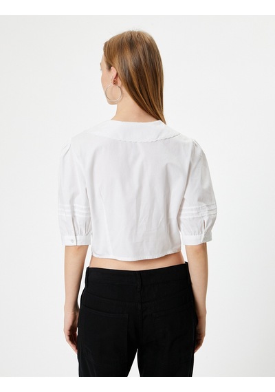 Koton Balon Kol Bluz Bebe Yaka Düğmeli Kısa Kollu Nakışlı Slim Fit Beyaz 4sal60052ıw Beyaz