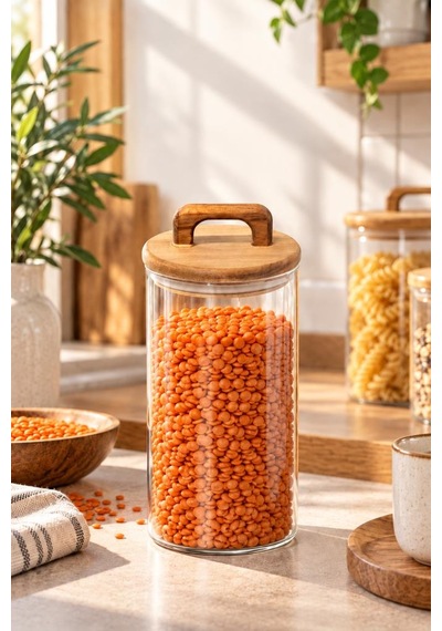 Atbyhome 3'lü Kulplu Akasya Kapaklı Düz Cam Kavanoz Seti 1200 Ml - Vakumlu Borosilikat Erzak Bakliyat Kabı Ahşap - Şeffaf