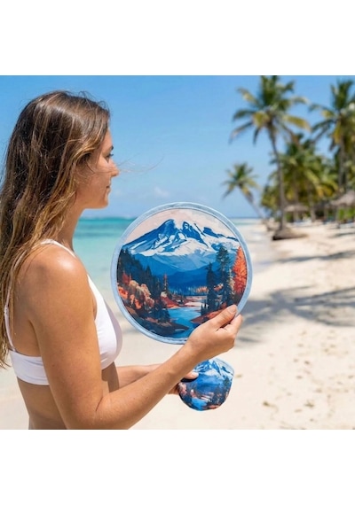 Büro Ev Ofis Hediyesi İçin Kılıflı Dağ Manzara Desen Yuvarlak Kumaş Katlanır El Yelpazesi