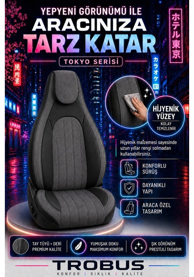 Fiat Albea 2002-2012 Bel Destekli Tay Tüyü Koltuk Kılıfı Tokyo Serisi Füme Siyah