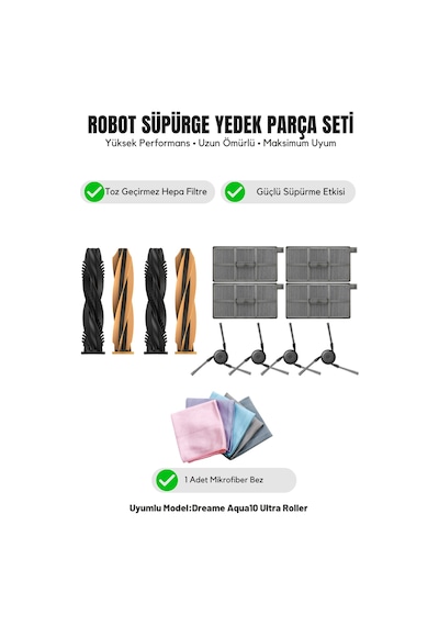 Dreame Aqua10 Ultra Roller İle Uyumlu 2 Ana Fırça 4 Yan Fırça 4 Filtre 1 Temizlik Bezi 12.0