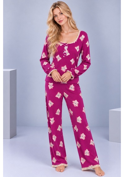 Pijamask Kadın Desenli Dantel Detaylı Fiyonk Ve Düğmeli Uzun Kollu Pijama Takımı Mor-9