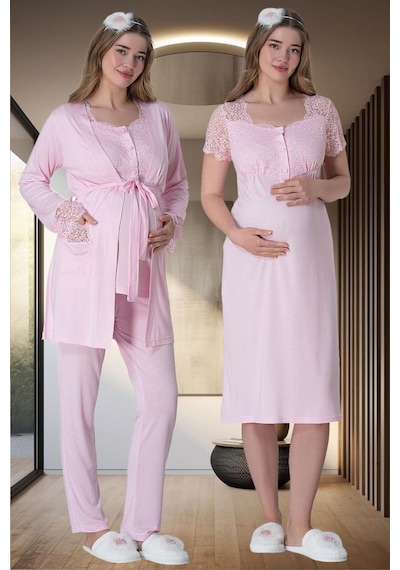 Mecit Pijama Mecit 6062 Pembe Sabahlıklı Gecelik Pijama Lohusa Set 001