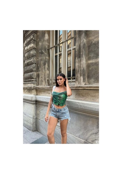 DefyModa Kadın Modern Kayık Yaka Büzgülü Bluz Yeşil
