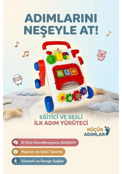 Sesli 3 Dil Seçenekli 2'si 1 Arada Oyuncak İlk Adım Arabası Ve Eğitici Aktivite Oyun Merkezi