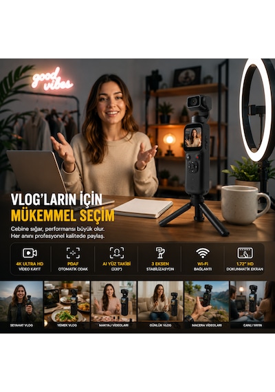 Smate 4k Pocket Camera Profesyonel Vlog Kamerası Gimbal Özellikli Titreşim Önleyici Otomatik Dönüş Ve Yüz Takibi Siyah