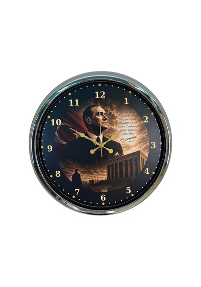 Krom Cumhuriyet Yıldızı 40 X 40 Cm Metal Atatürk Duvar Saati