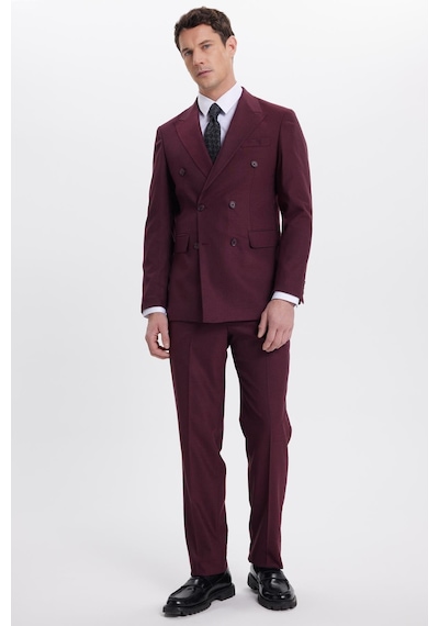Tudors Erkek Slim Fit Sivri Yaka Çizgili Kapaklı Cepli Bordo Takım Elbise-41959 Bordo
