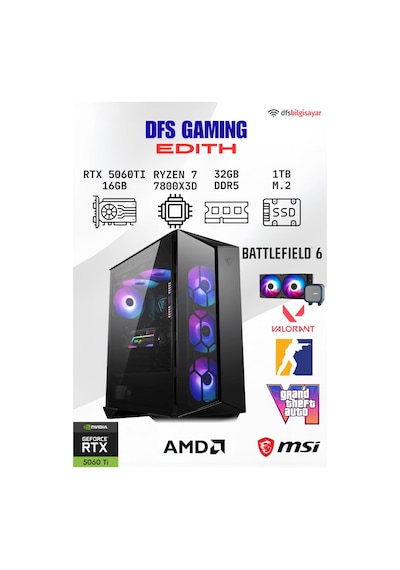 MSI DFS Gaming EDITH R7-7800X3D 16 GB 32 GB 1 TB M.2 SSD RTX5060Ti Free Dos Masaüstü Oyuncu Bilgisayarı