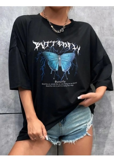 Kadın Kelebek Baskılı Oversize Kısa Kol T-shirt - Siyah Siyah